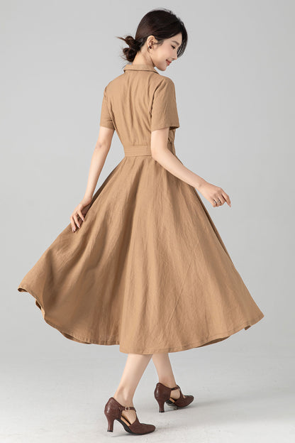 Khaki Linen Midi Wrap Dress - A-Line Silhouette with Pockets 6079
