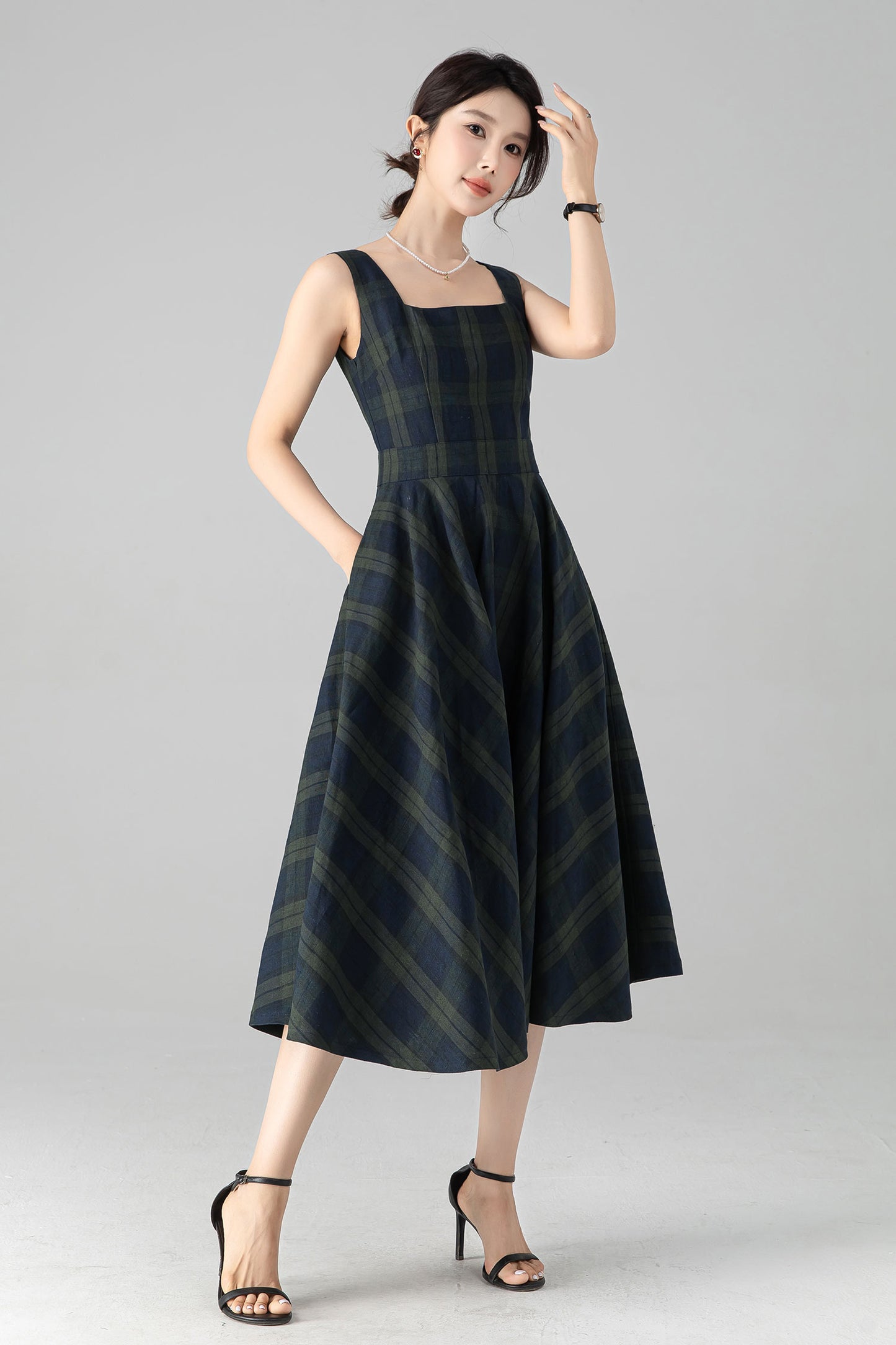Linen plaid pinafore linen dress 6080