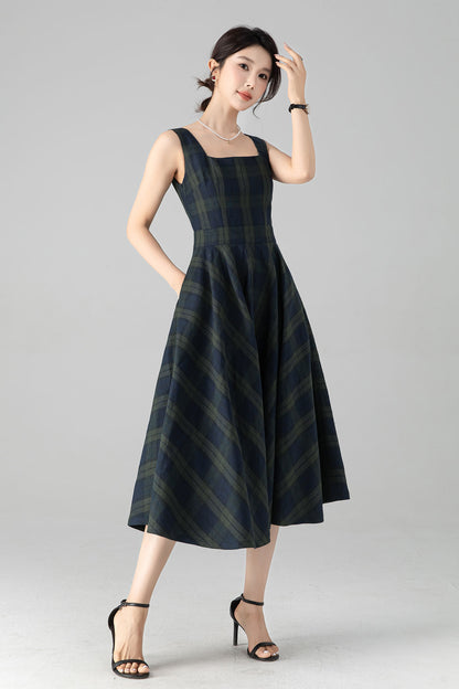 Plaid Linen Cotton Midi Dress - Square Neck Pinafore Pockets | Xiaolizi 6080