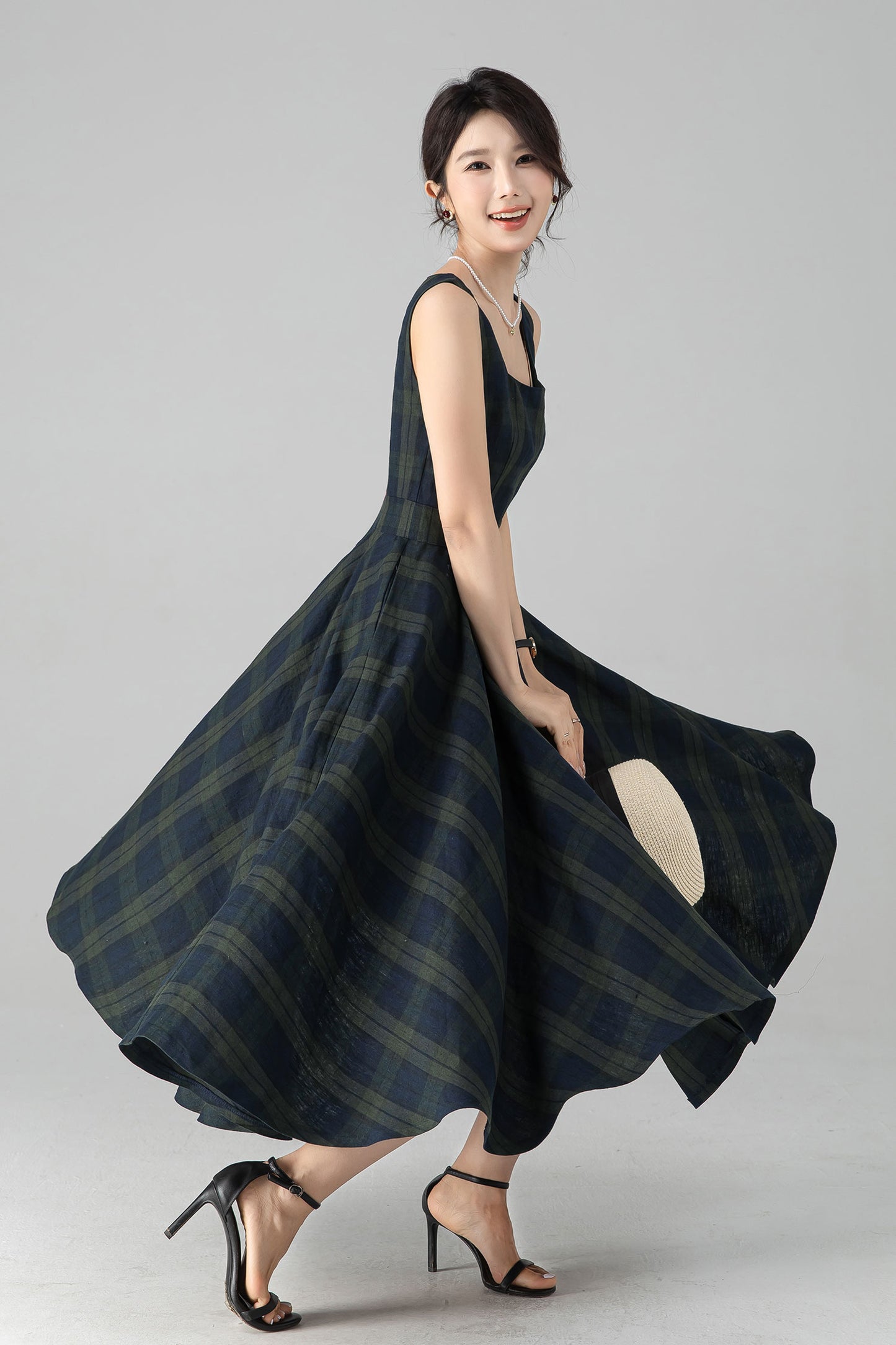 Linen plaid pinafore linen dress 6080