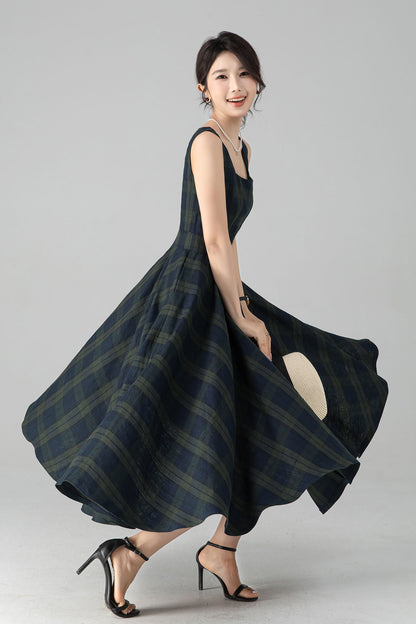 Plaid Linen Cotton Midi Dress - Square Neck Pinafore Pockets | Xiaolizi 6080