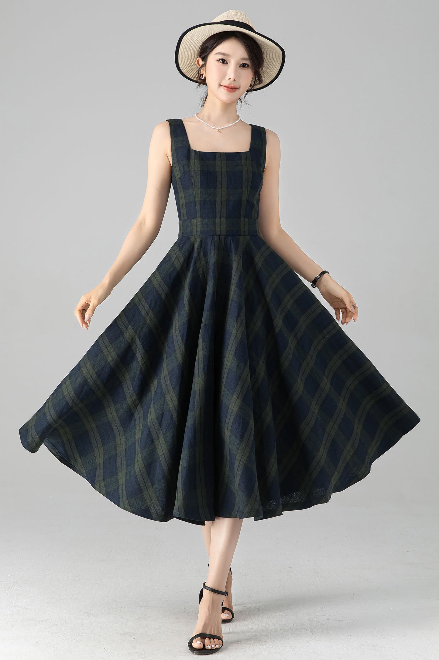Linen plaid pinafore linen dress 6080