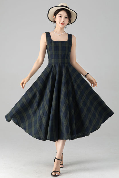 Plaid Linen Cotton Midi Dress - Square Neck Pinafore Pockets | Xiaolizi 6080