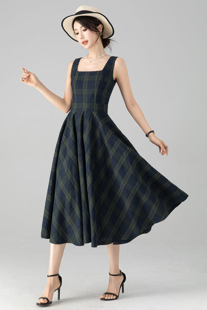 Plaid Linen Cotton Midi Dress - Square Neck Pinafore Pockets | Xiaolizi 6080