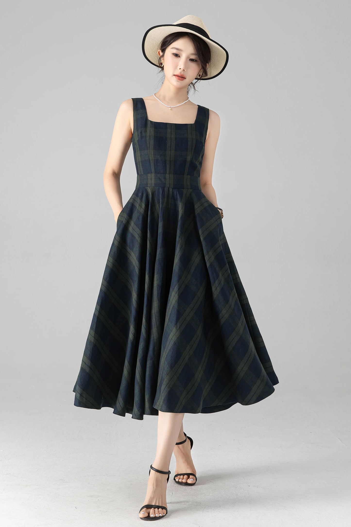 Linen plaid pinafore linen dress 6080