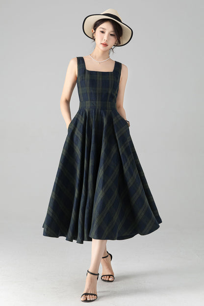 Plaid Linen Cotton Midi Dress - Square Neck Pinafore Pockets | Xiaolizi 6080