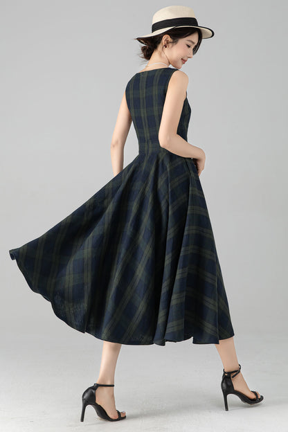 Plaid Linen Cotton Midi Dress - Square Neck Pinafore Pockets | Xiaolizi 6080