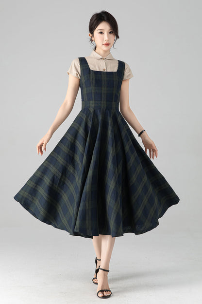 Plaid Linen Cotton Midi Dress - Square Neck Pinafore Pockets | Xiaolizi 6080