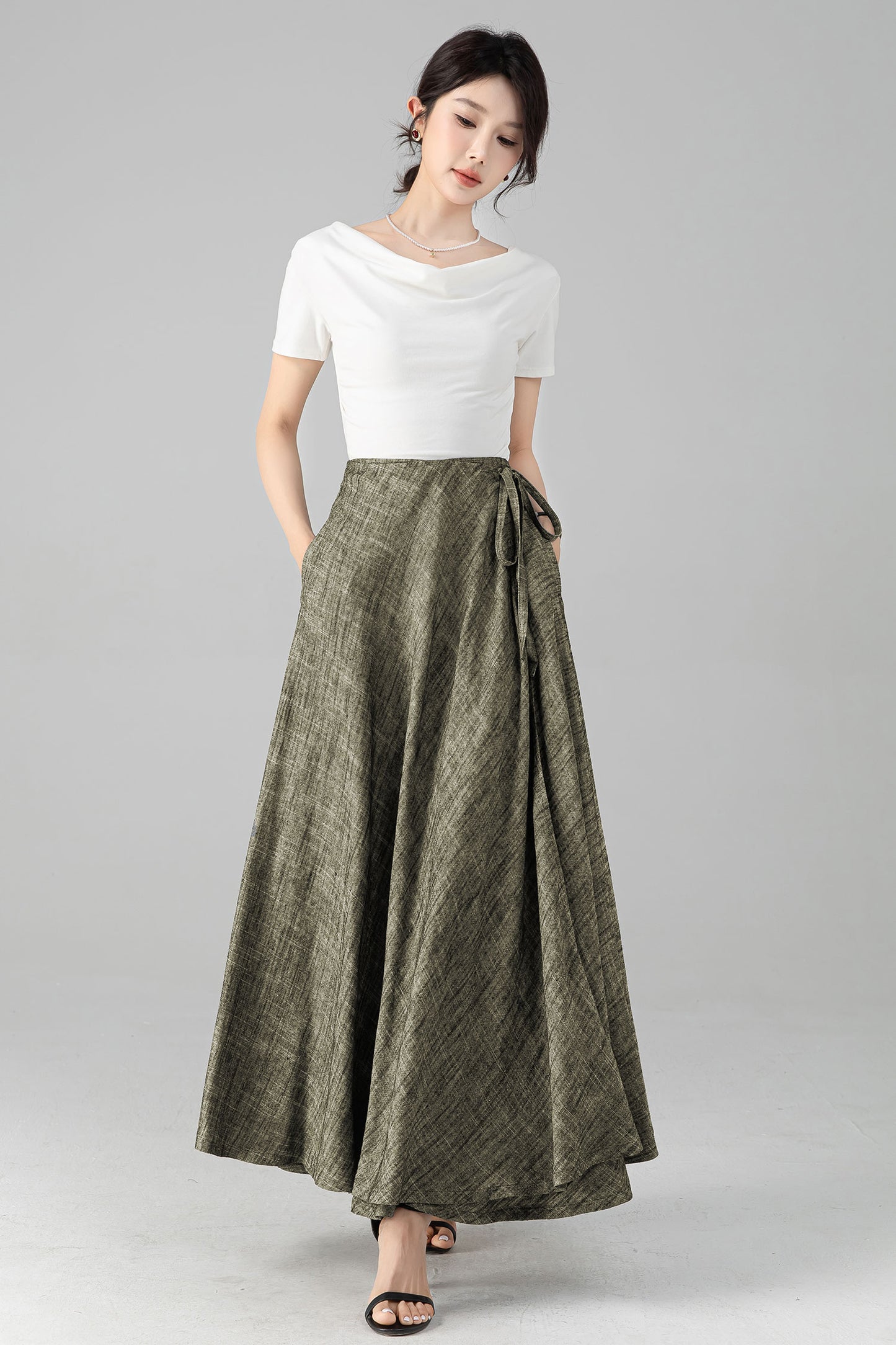 Grey Linen Cotton Maxi Skirt - Wrap Tie Side, Elastic Waist 6081