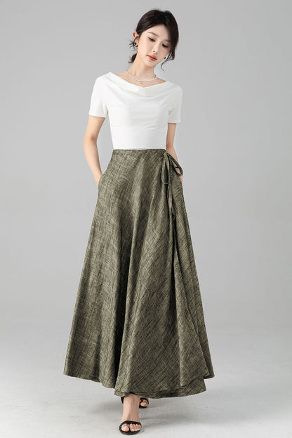 Grey Linen Cotton Maxi Skirt - Wrap Tie Side, Elastic Waist 6081