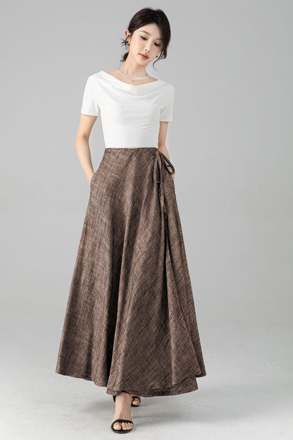 Grey Linen Cotton Maxi Skirt - Wrap Tie Side, Elastic Waist 6081