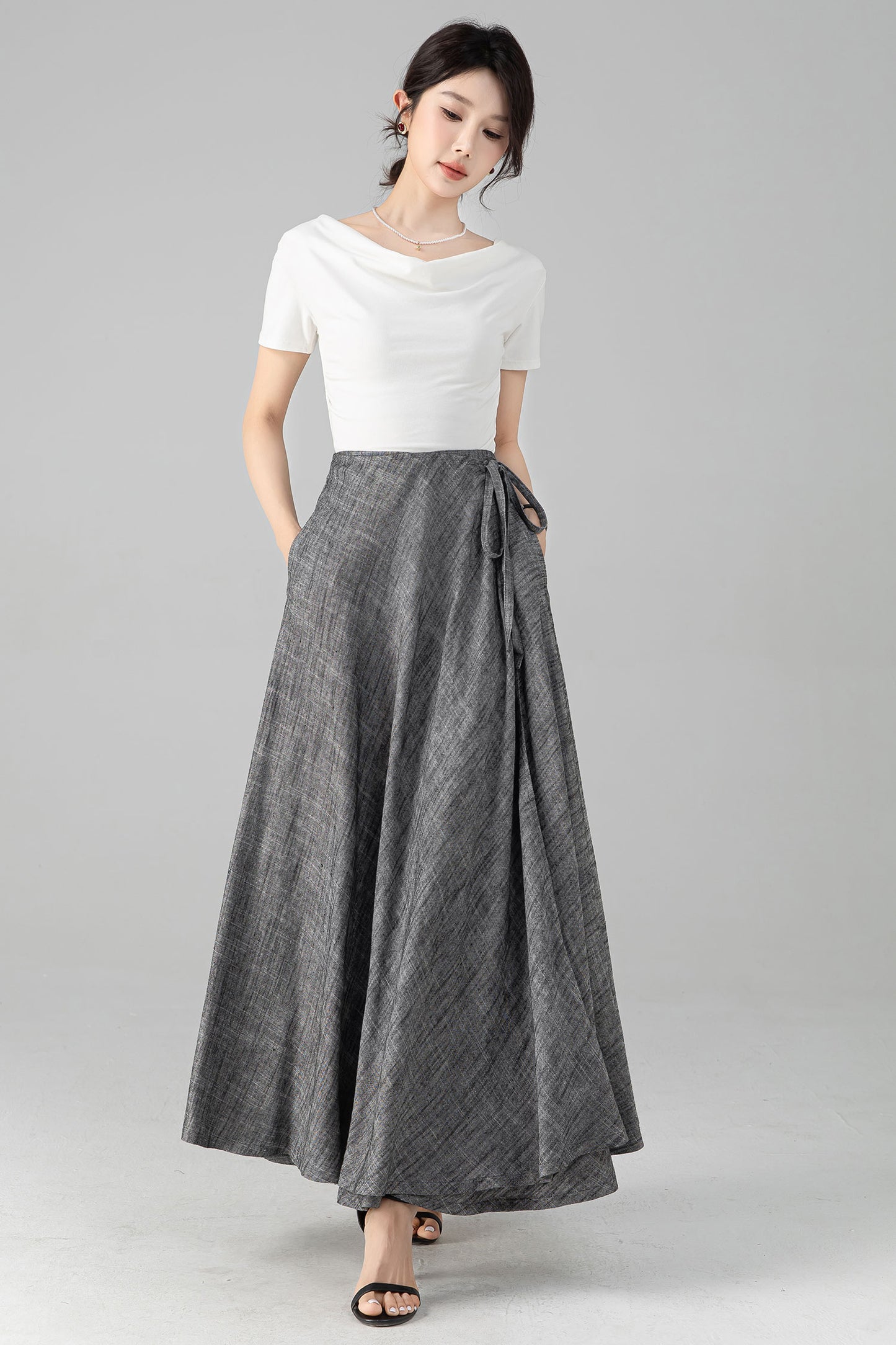 Grey Linen Cotton Maxi Skirt - Wrap Tie Side, Elastic Waist 6081