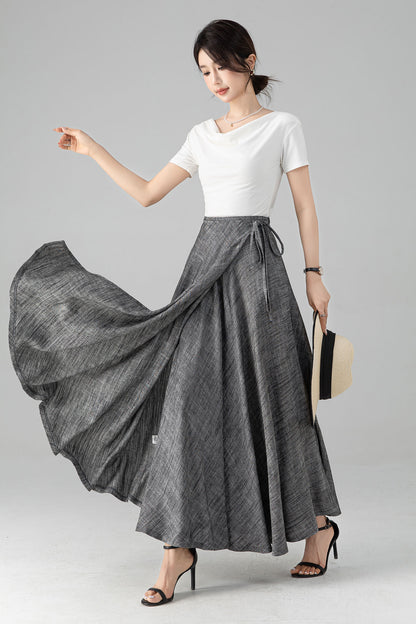 Grey Linen Cotton Maxi Skirt - Wrap Tie Side, Elastic Waist 6081