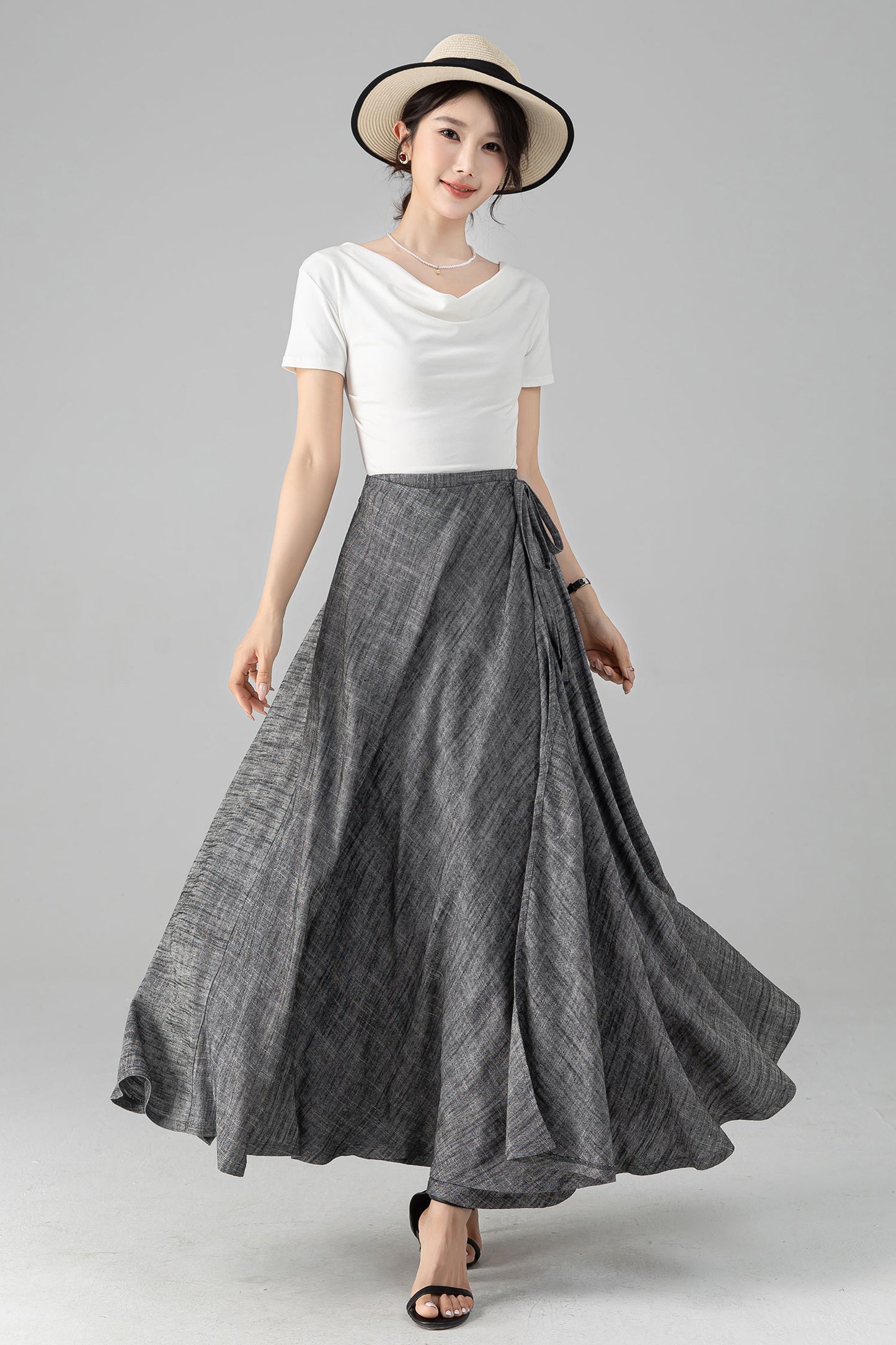 Grey Linen Cotton Maxi Skirt - Wrap Tie Side, Elastic Waist 6081