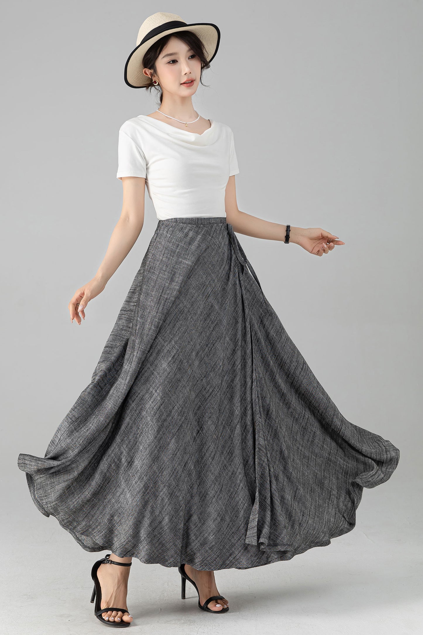 Grey Linen Cotton Maxi Skirt - Wrap Tie Side, Elastic Waist 6081