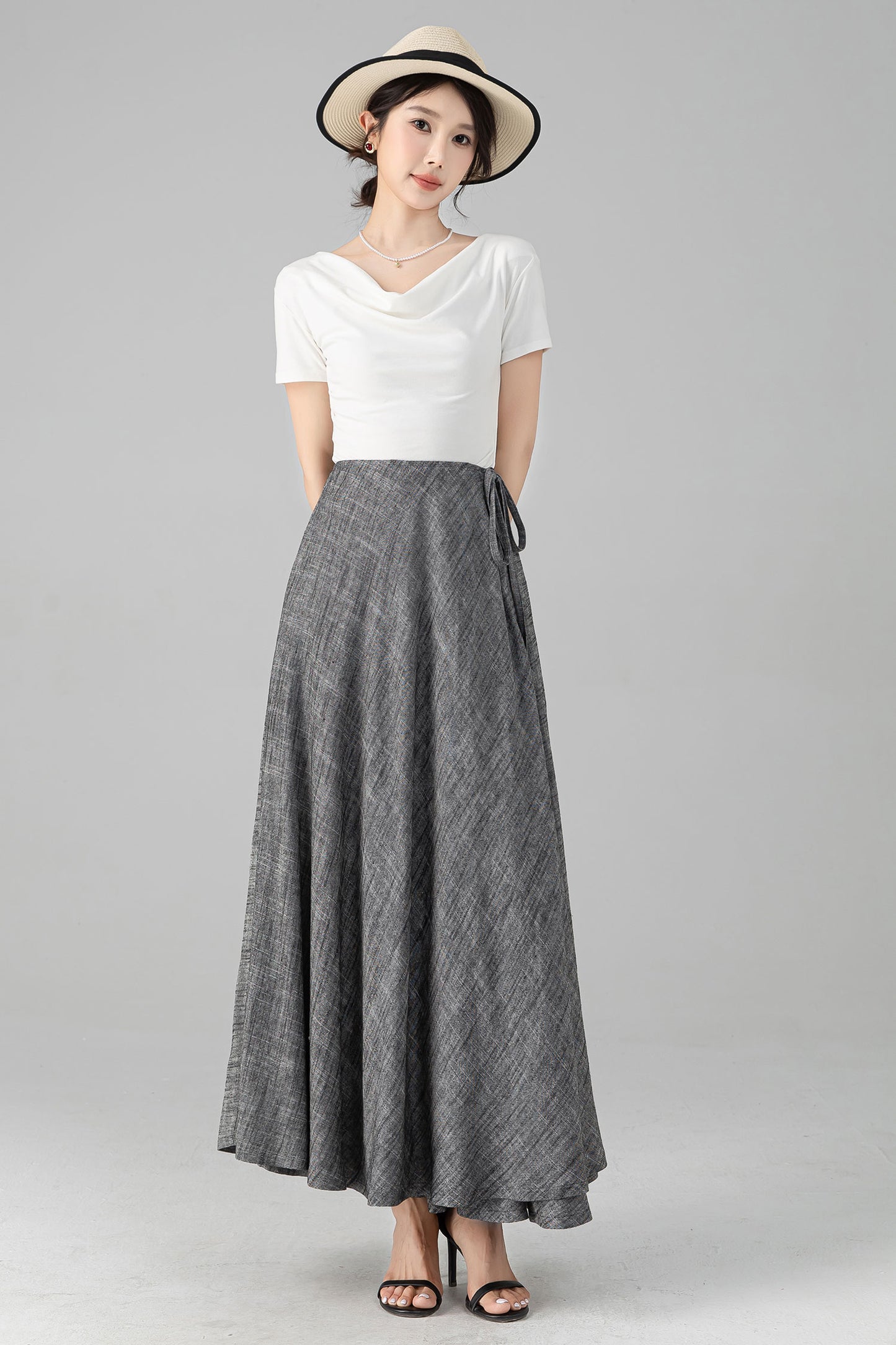 Grey Linen Cotton Maxi Skirt - Wrap Tie Side, Elastic Waist 6081