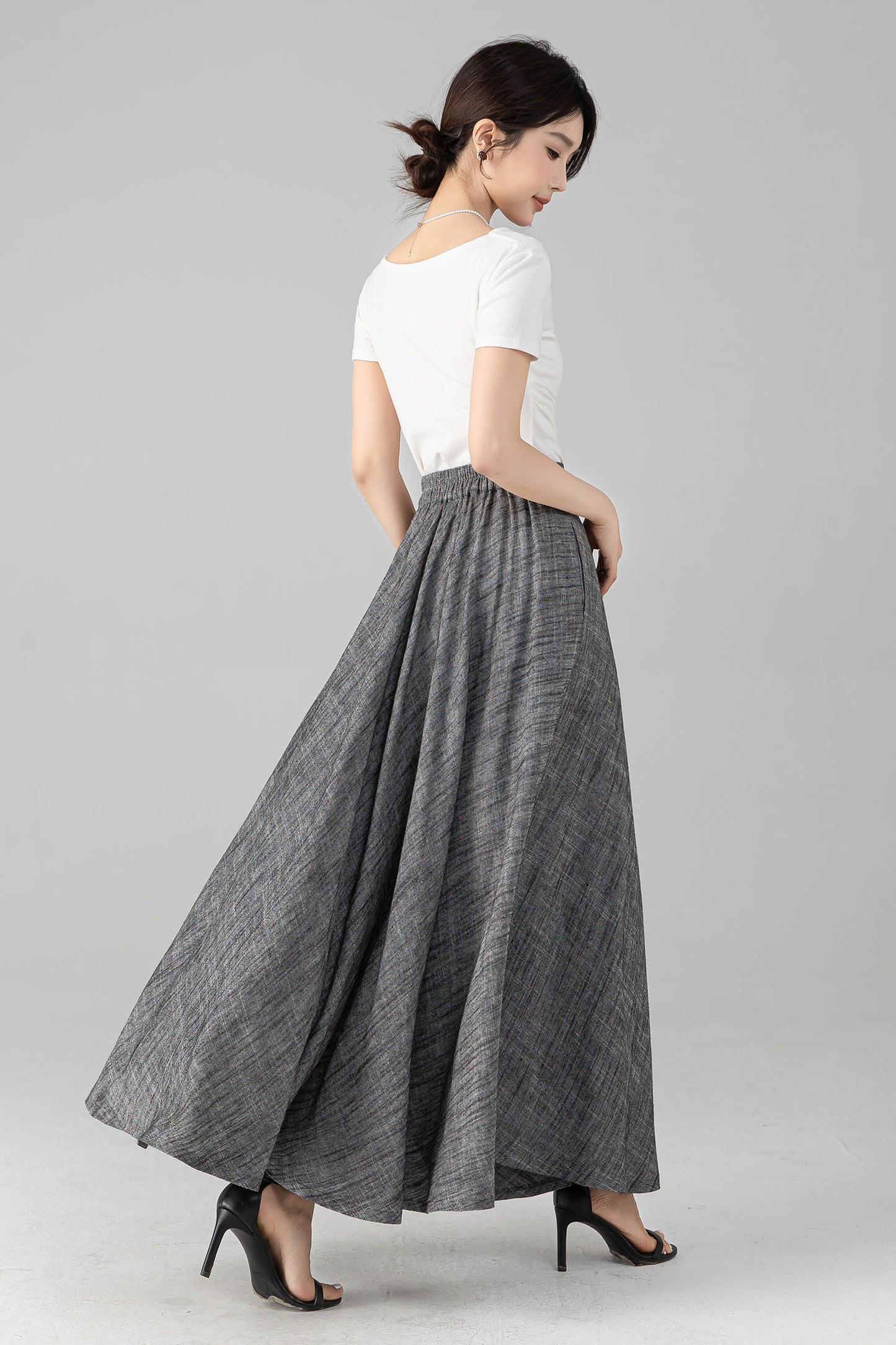 Grey Linen Cotton Maxi Skirt - Wrap Tie Side, Elastic Waist 6081