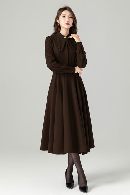 Vintage-Inspired Brown Wool Dress With Flared Skirt 6520