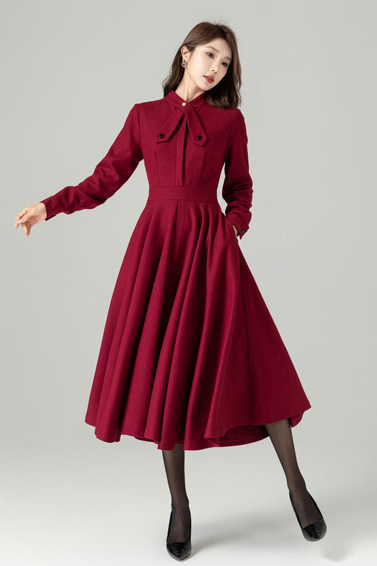 Burgundy Wool Dress, Vintage Inspired Wool Dress 4490