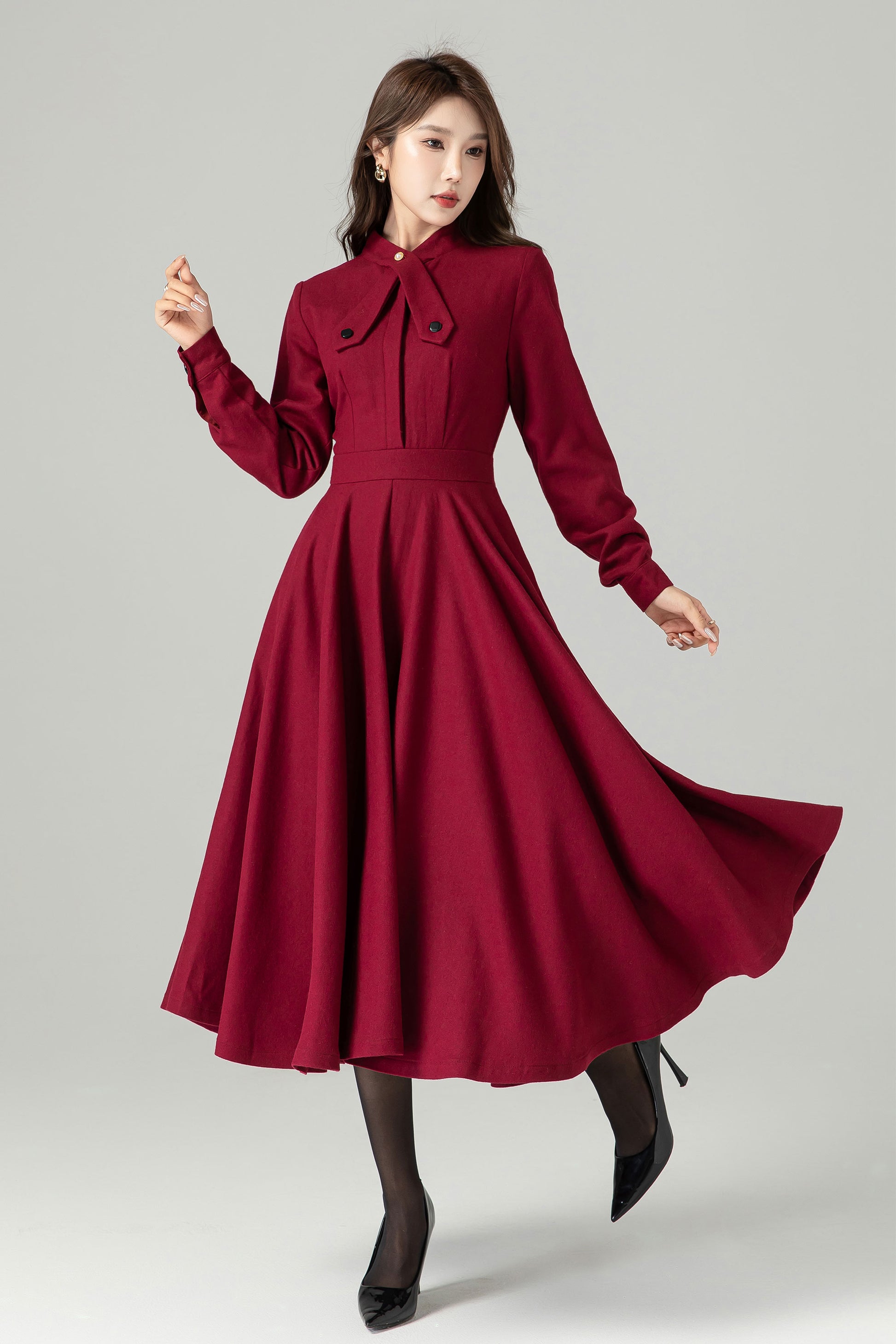 Burgundy Wool Winter Dress Fit & Flare Long Sleeve | Xiaolizi Burgundy Wool Winter Dress Fit & Flare Long Sleeve | Xiaolizi