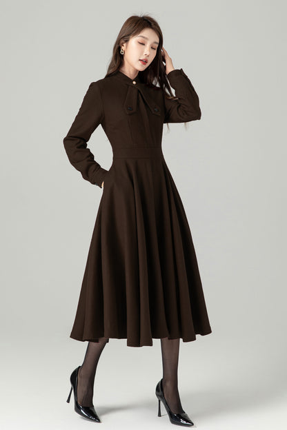 Vintage-Inspired Brown Wool Dress With Flared Skirt 6520