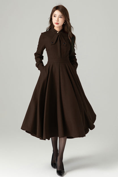 Vintage-Inspired Brown Wool Dress With Flared Skirt 6520