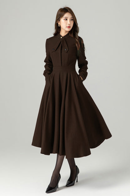 Vintage-Inspired Brown Wool Dress With Flared Skirt 6520