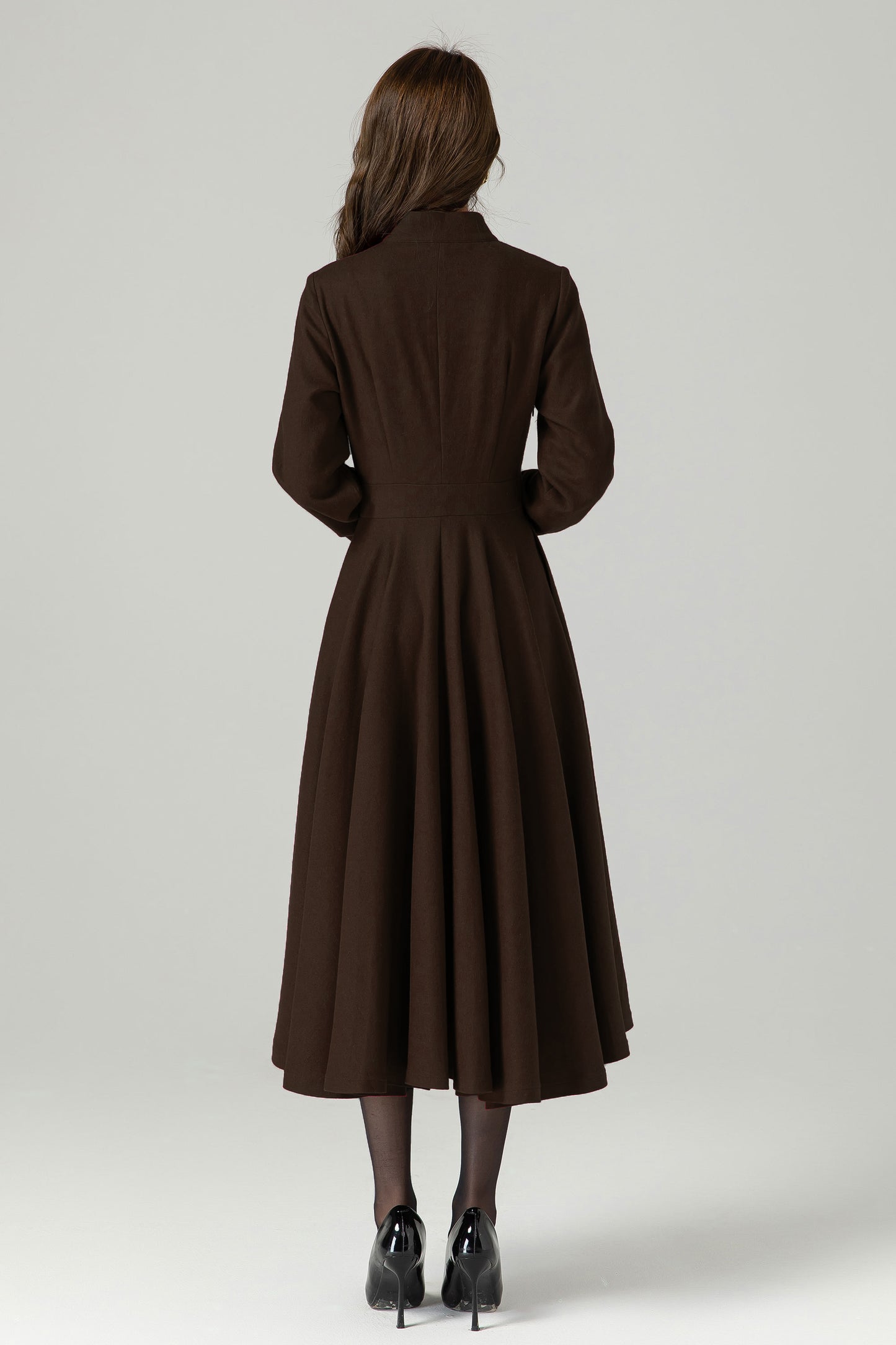 Vintage-Inspired Brown Wool Dress With Flared Skirt 6520