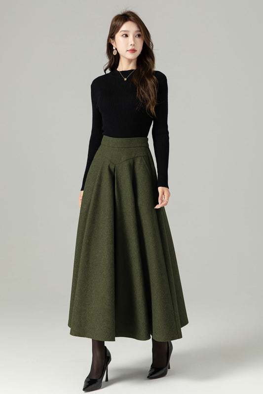 Army green A Line Maxi Wool Skirt 5433