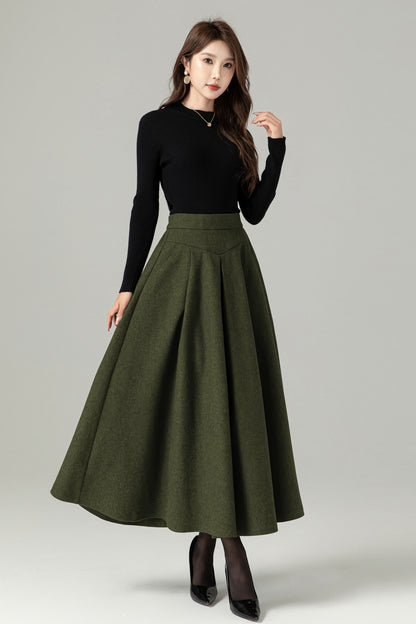 Army Green Wool A-Line Maxi Skirt - Ankle Length with Pockets 5433