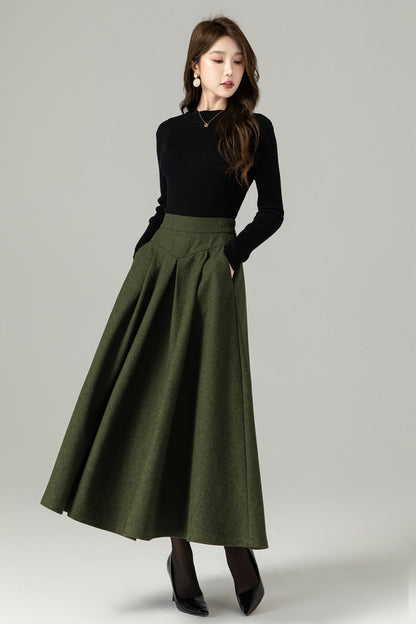 Army Green Wool A-Line Maxi Skirt - Ankle Length with Pockets 5433