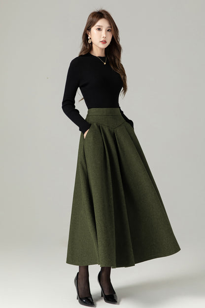 Army Green Wool A-Line Maxi Skirt - Ankle Length with Pockets 5433