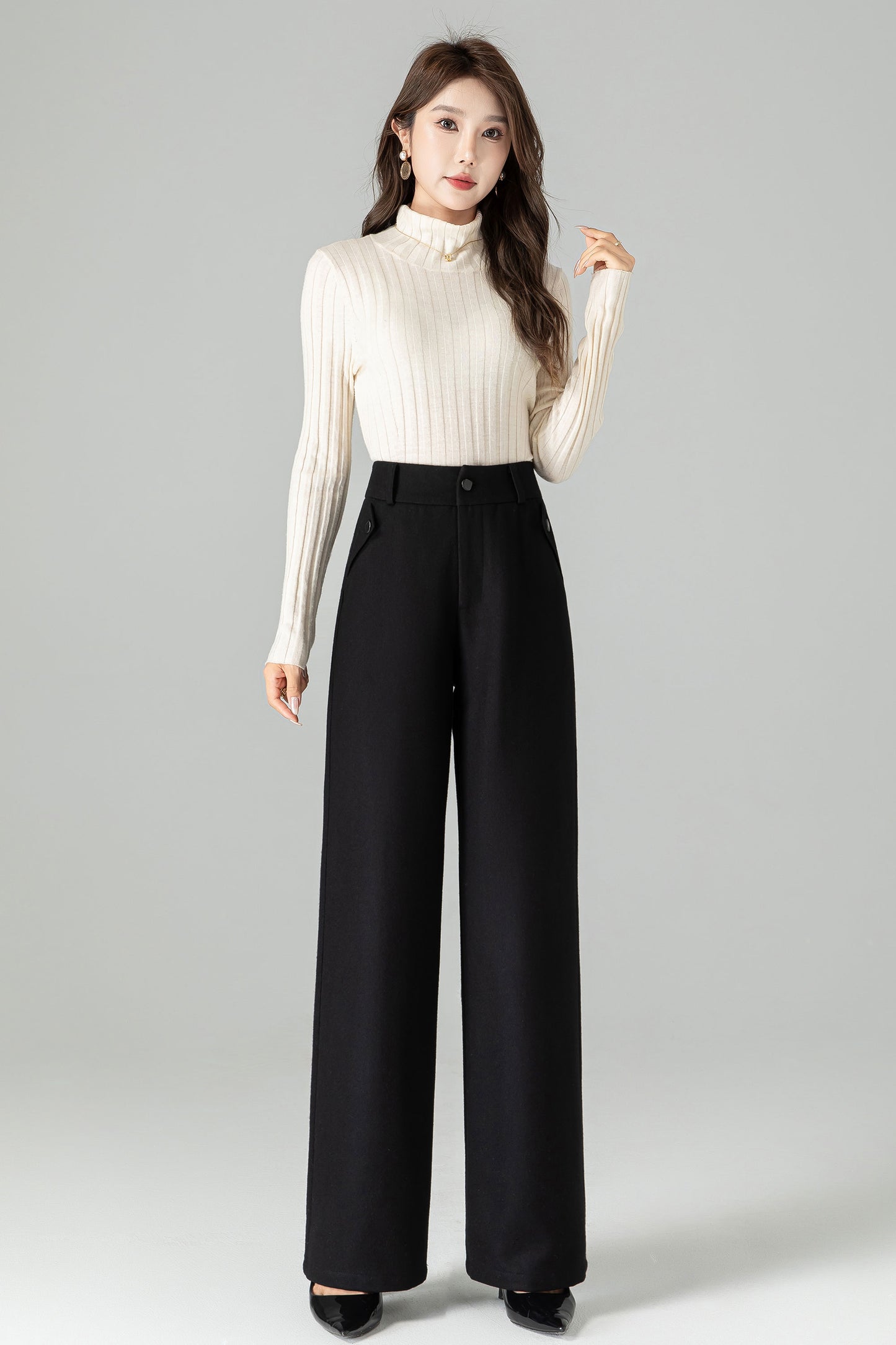 Black Wool Blend Wide Leg Pants – Elegant High Waist Winter Trousers 4501