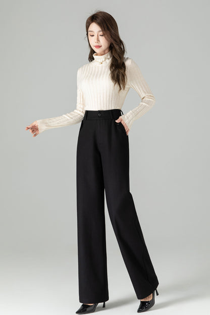 Black Wool Blend Wide Leg Pants – Elegant High Waist Winter Trousers 4501