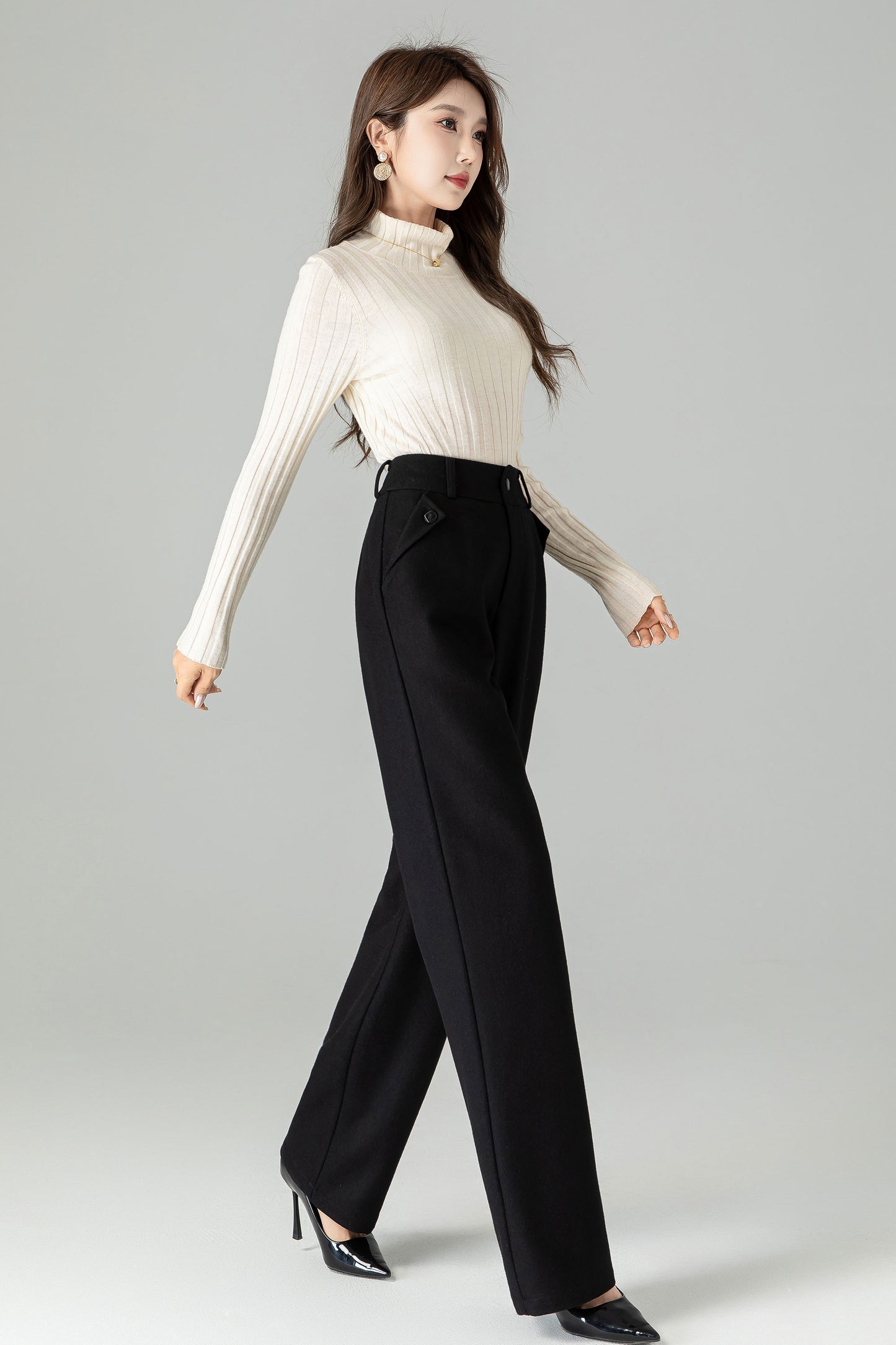 Black Wool Blend Wide Leg Pants – Elegant High Waist Winter Trousers 4501