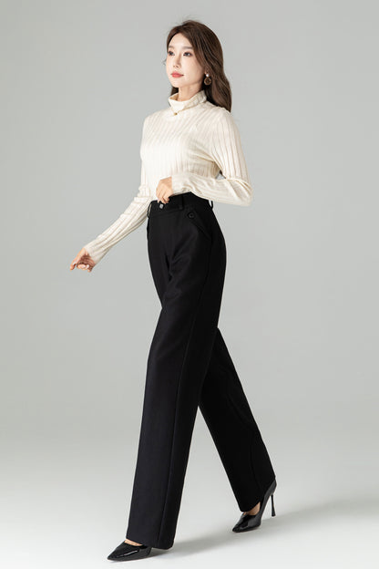 Black Wool Blend Wide Leg Pants – Elegant High Waist Winter Trousers 4501