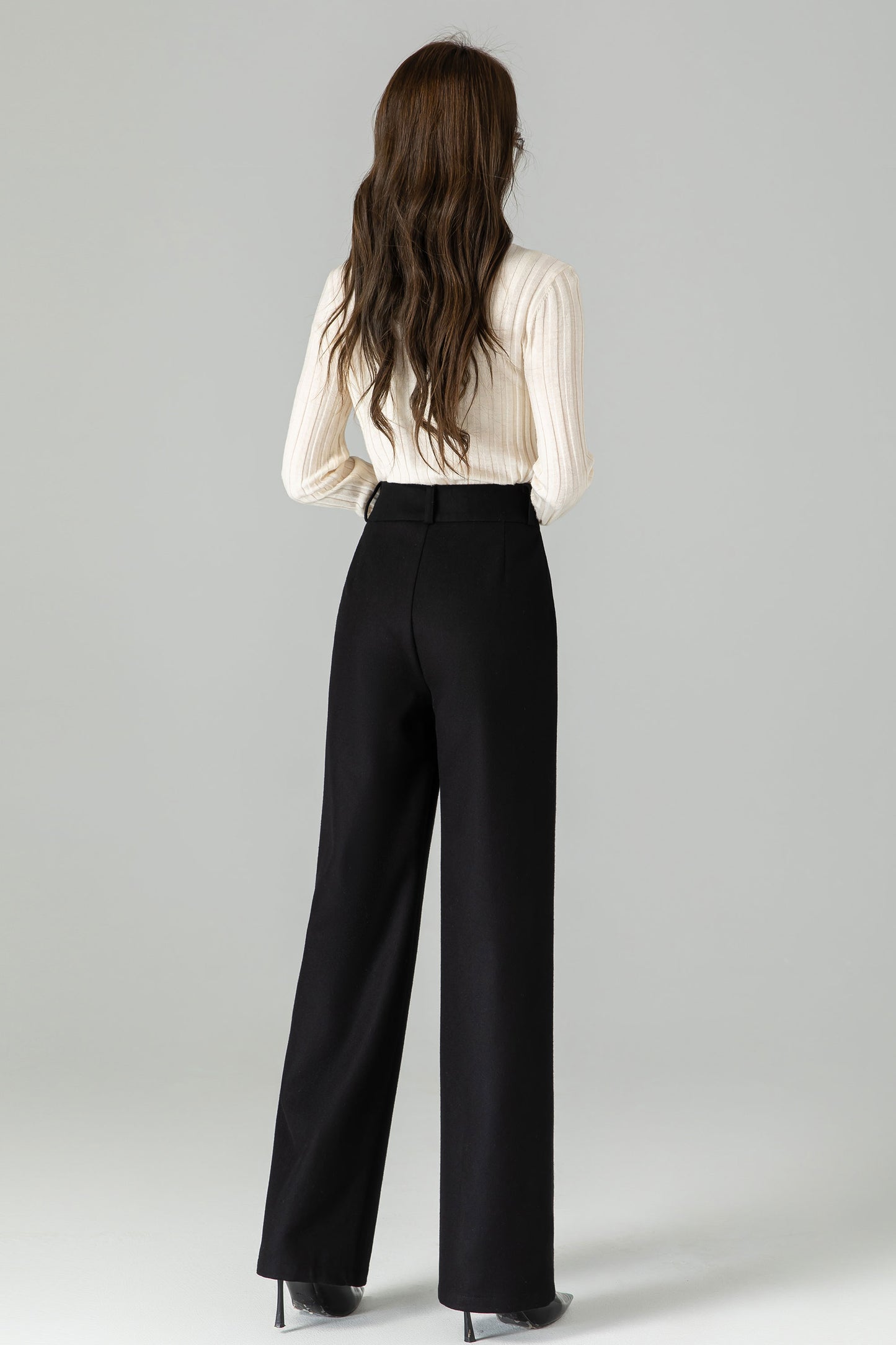 Black Wool Blend Wide Leg Pants – Elegant High Waist Winter Trousers 4501