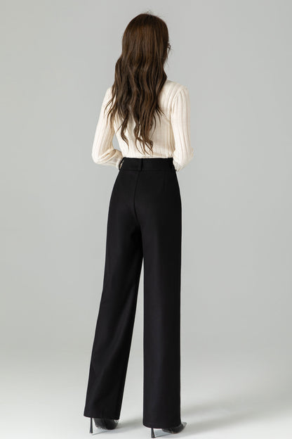 Black Wool Blend Wide Leg Pants – Elegant High Waist Winter Trousers 4501