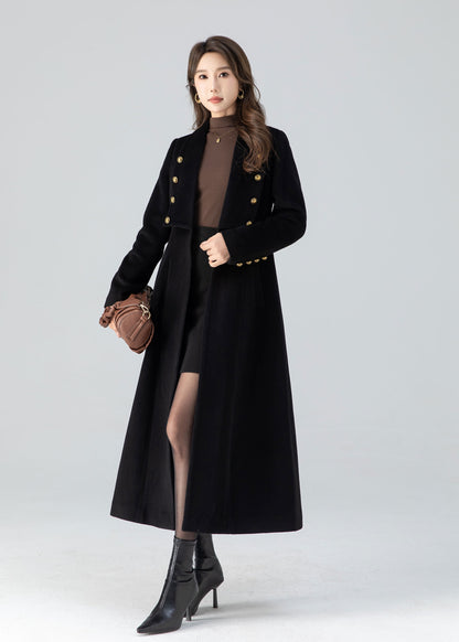 Black winter long wool coat women 4783