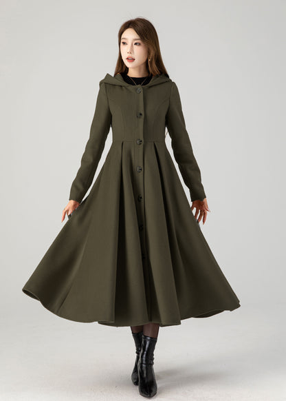 Handmade Army Green Wool Hooded Coat – Vintage Fit & Flare 5386Winter Overcoat with Pockets
