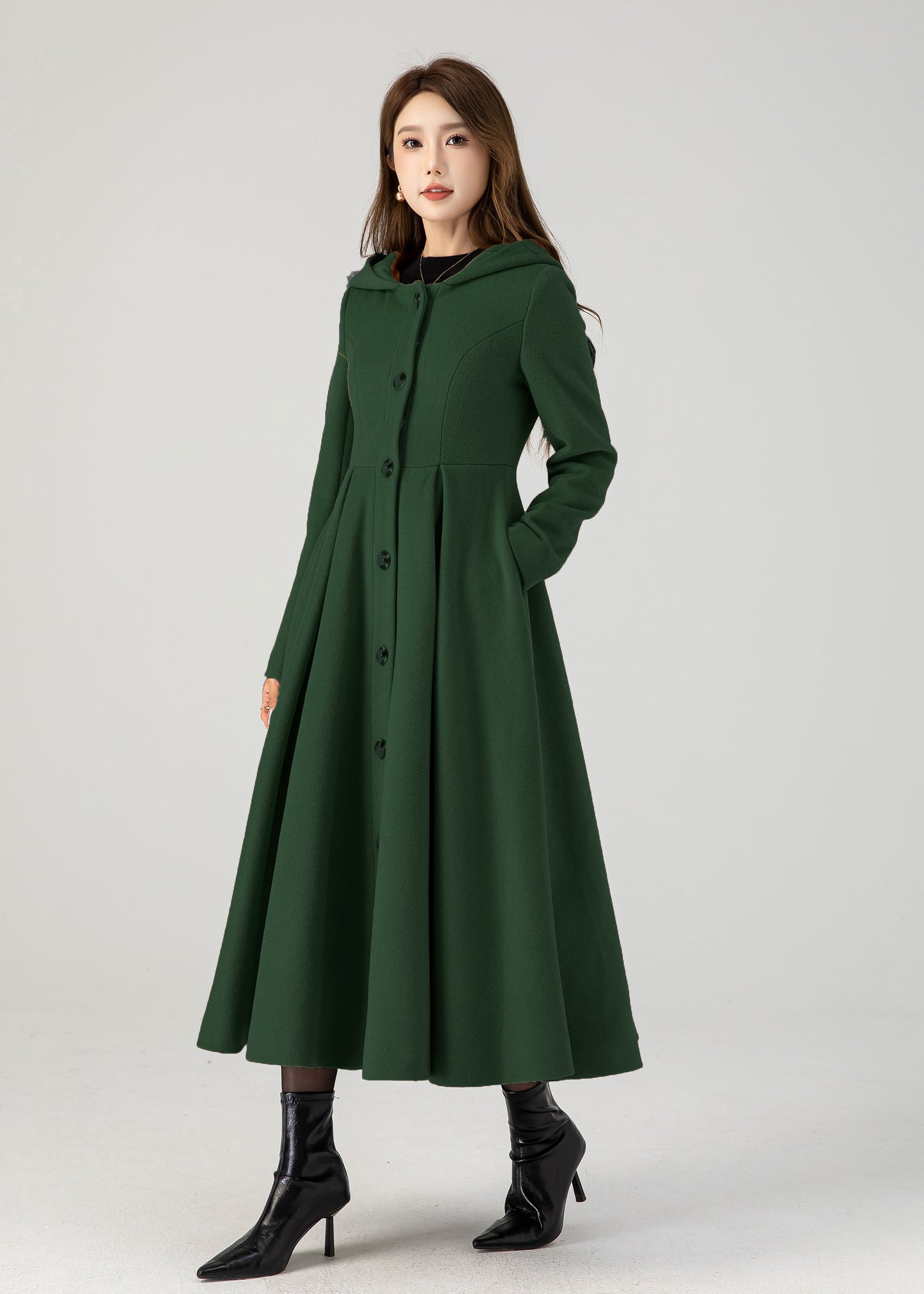 Forest Green Wool Hooded Coat – Enchanted Vintage Swing Winter Overcoat 5387