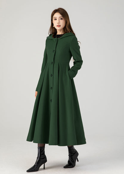 Forest Green Wool Hooded Coat – Enchanted Vintage Swing Winter Overcoat 5387