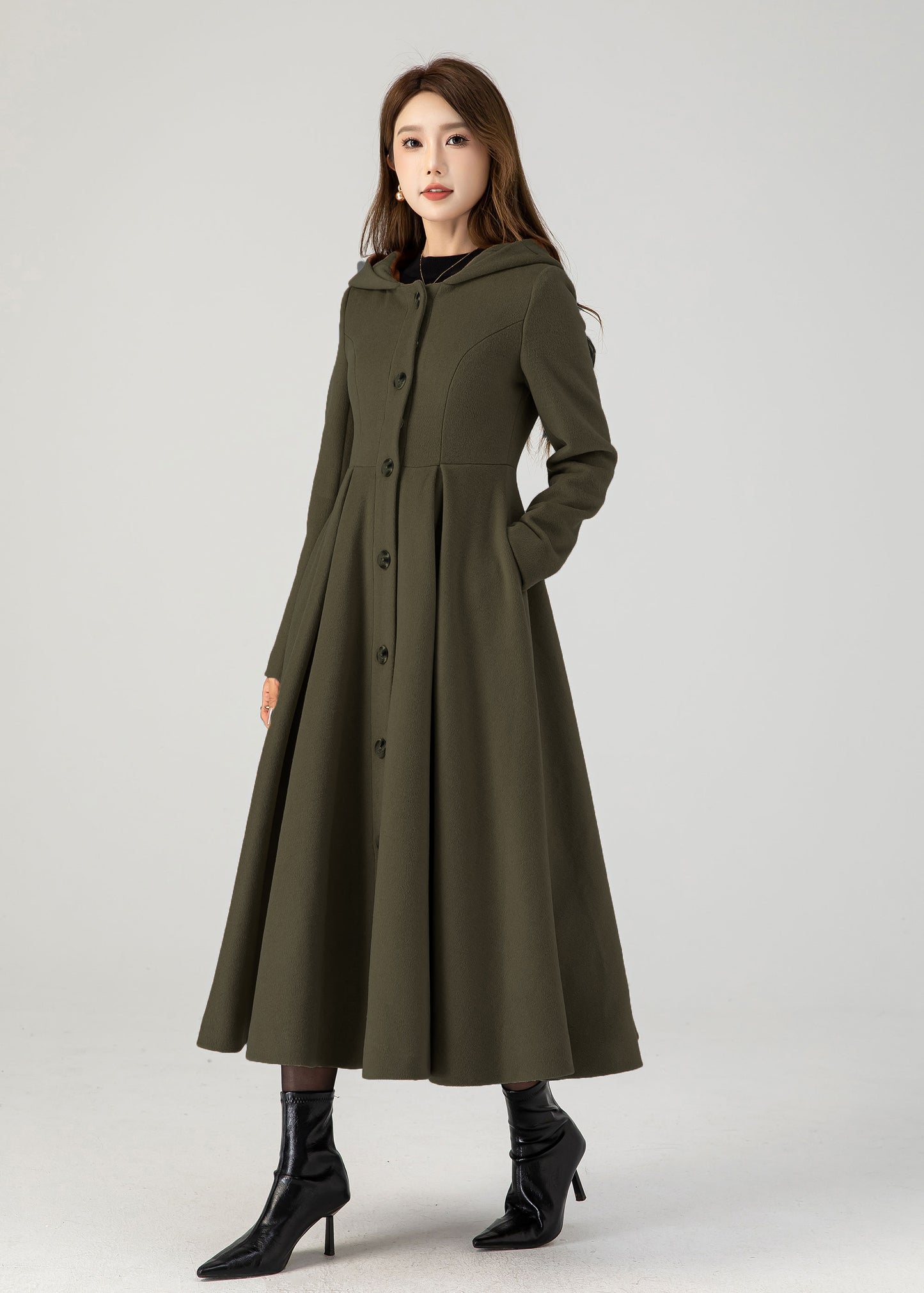 Handmade Army Green Wool Hooded Coat – Vintage Fit & Flare 5386Winter Overcoat with Pockets