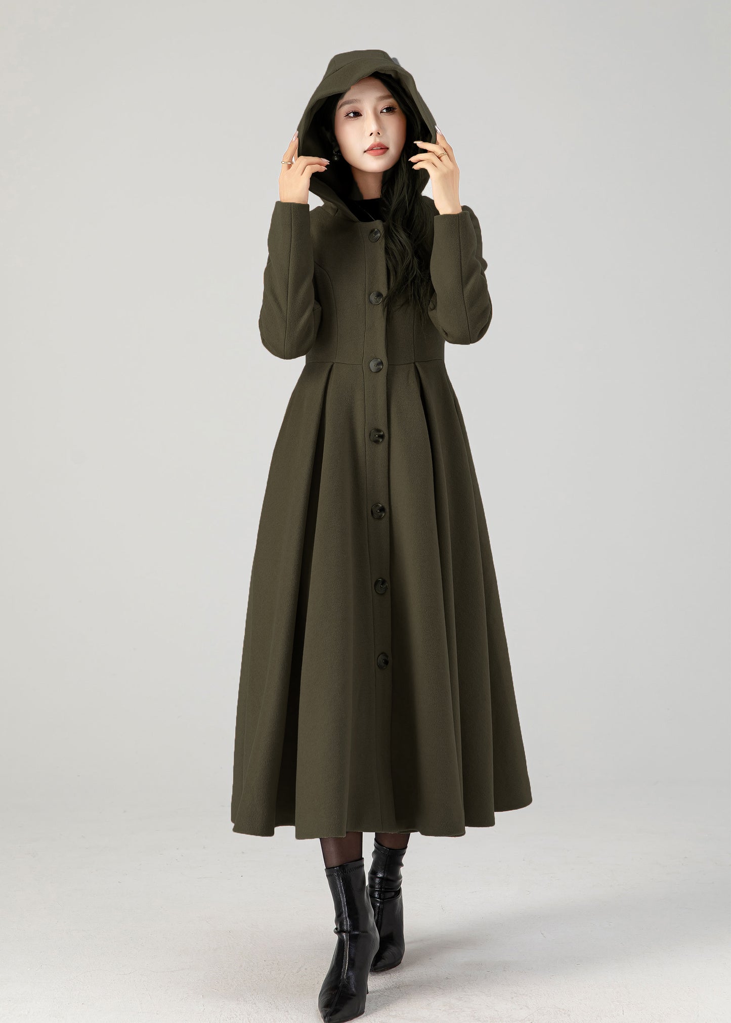 Handmade Army Green Wool Hooded Coat – Vintage Fit & Flare 5386Winter Overcoat with Pockets