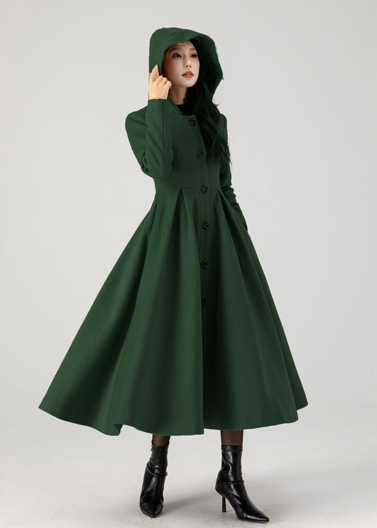 Forest Green Wool Hooded Coat – Enchanted Vintage Swing Winter Overcoat 5387