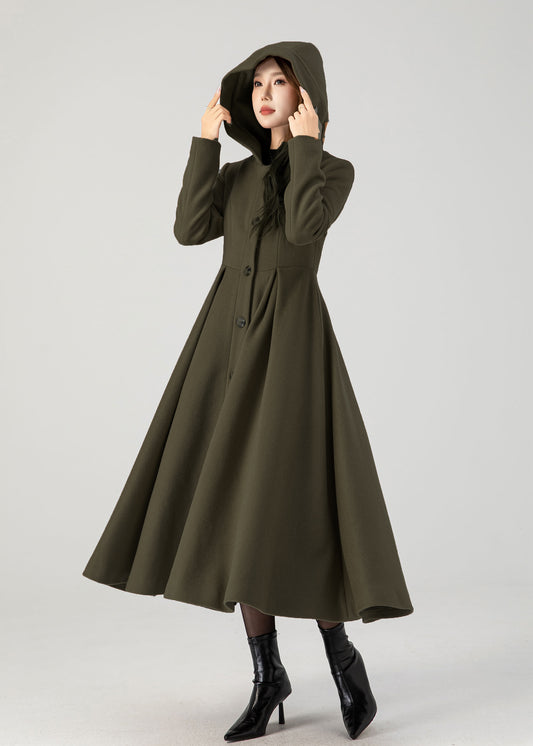 Handmade Army Green Wool Hooded Coat – Vintage Fit & Flare 5386Winter Overcoat with Pockets