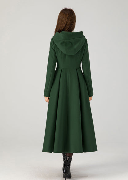 Forest Green Wool Hooded Coat – Enchanted Vintage Swing Winter Overcoat 5387