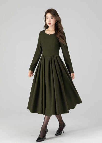 Winter Wool Midi Dress – Women’s Fit and Flare Long Sleeve 5501