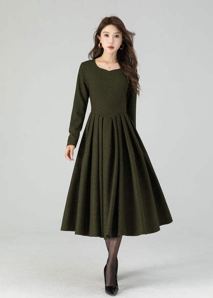 Winter Wool Midi Dress – Women’s Fit and Flare Long Sleeve 5501
