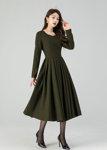 Winter Wool Midi Dress – Women’s Fit and Flare Long Sleeve 5501
